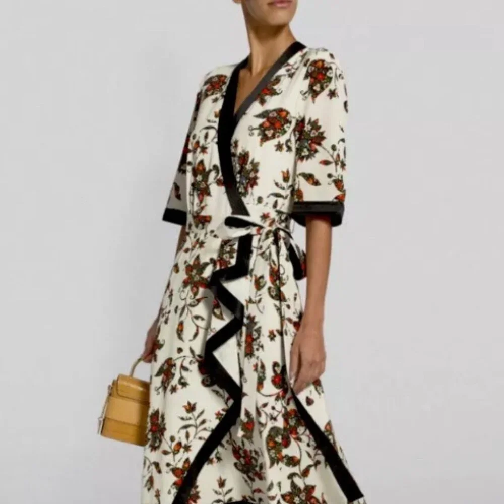 NWOT Tory Burch New Ivory Sacred Floral Silk Printed Wrap Dress XS $798
